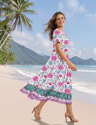 Image of YESNO Women's Summer Maxi Dresses Casual Floral Short Sleeve V Neck Boho Beach Vacation Swing Dress with Pockets EVF