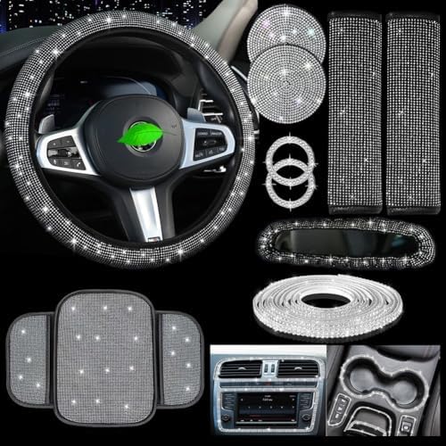 Lot de 10 housses de volant de voiture avec support de téléphone en strass et dessous de verre - Intérieur en velours ultra doux - Rose