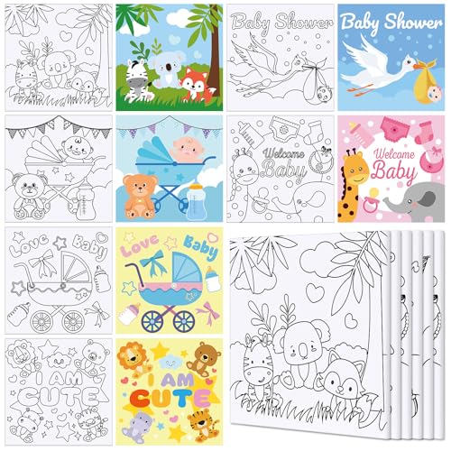 Honoson 6 Pcs 6 Inch Pre Drawn Outline Canvas Paint Kit with Pictures for Adults Paint Party Stretched Canvas Art Boards Set for Adult Beginner(Baby Shower)