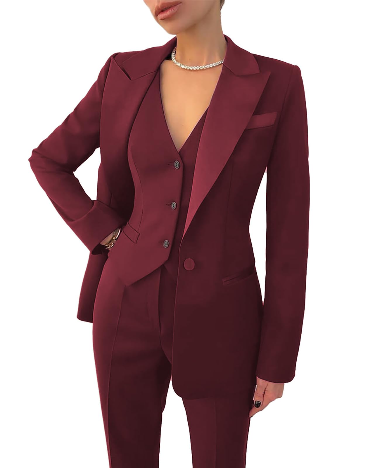 Leader of the Beauty Women's 3 Piece Office Work Blazer Vest Pants Business Pants Suit Set Prom Party Suit Burgundy