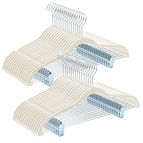 HOUSE DAY Velvet Hangers with Adjustable Clips 30 Pack, Non-Slip Suit Organizer with 360° Hook - Heavy Duty Hanger for Pants, Skirts, Blouses, Dresses - Outfit Hangers All-Season Space Saver (Ivory)