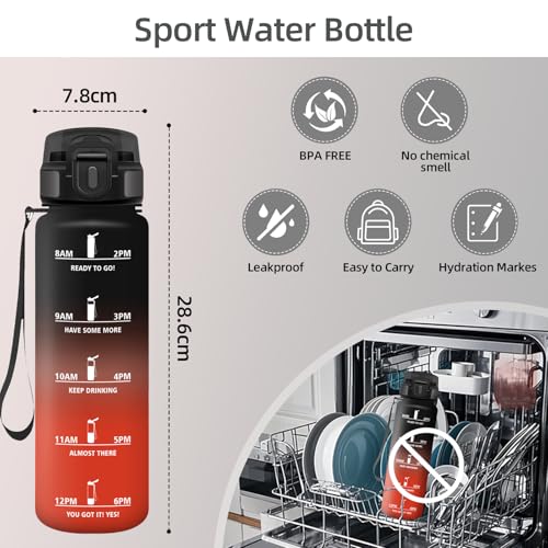 HoneyHolly Trinkflasche 1L, Zeitmarkierung, Wasserflasche, Auslaufsicher, Trinkflasche Sport, Wiederverwendbar, Water Bottle für Fitnessstudio, Radfahren, Büro, Outdoor, Wasserflasche Auslaufsicher