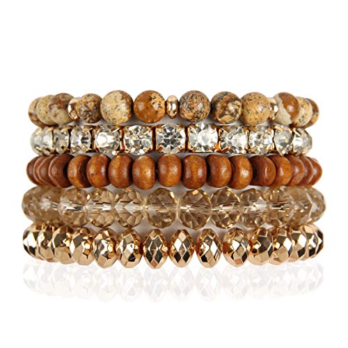 Bohemian Beaded Multi Layer Versatile Statement Bracelets - Stackable Stretch Strand Cuff Bangles Sparkly Crystal, Natural Stone, Wood Bead, Tassel Charm (Natural Stone & Gold Bead Mix Brown)