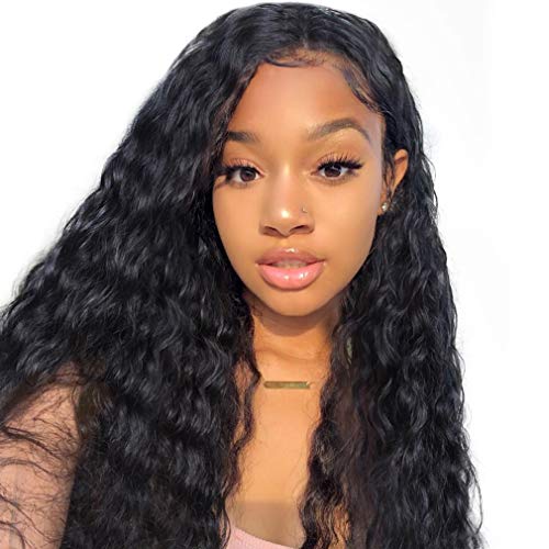 NIUDINNG 13x4 Front Lace Unverarbeitet Jungfrau Remy Echte Haare Lace Wig Human Hair Perücke Water Wave Lace Front Wig Human Hair Naturschwarz mit Soft Baby Hair Lange 26 zoll Human Hair Cover