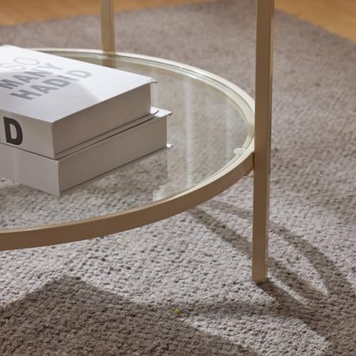 Image of VINGLI Glass Coffee Table, 25.6 inch Round, 2-Tier With Storage, Modern Center Table With Beige Frame, Transparent for Living Room, Mesa de Centro Para Sala