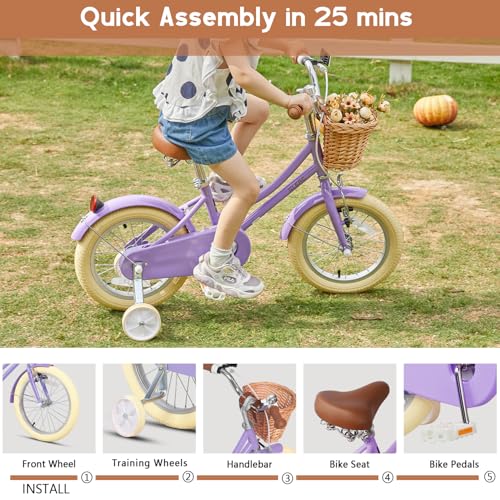 Image of Glerc Little Molly 12-20 Inch Kids Retro Cruiser Bike for 2-13 Year Old with Wicker Basket & Training Wheels /Kickstand, Multiple Colors