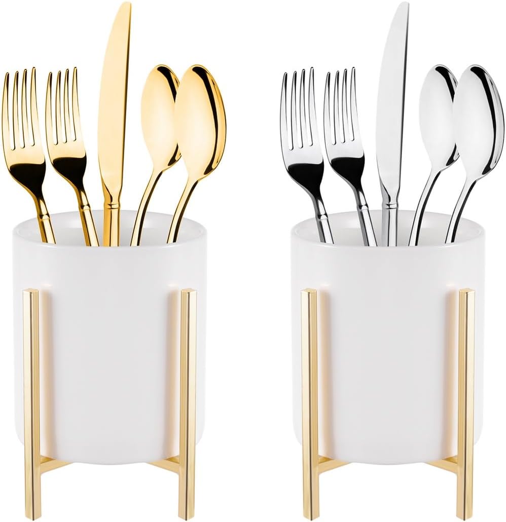 2Pcs Sturdy Cutlery Containers, White Ceramic Cups with Gold Metal Stand, Robust Utensil Crock, Round Silverware Holder for Kitchen Countertop, Desktop Organizer