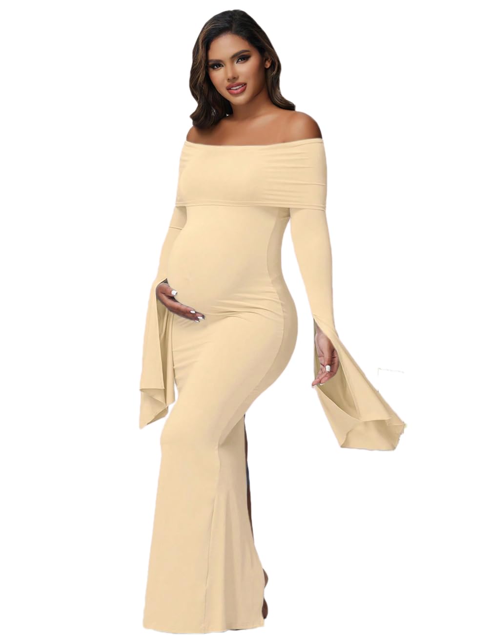 Women's Maternity Long Sleeve Off Shoulder Pregnancy Photography Dress for Baby Shower Photoshoot Party-image-23