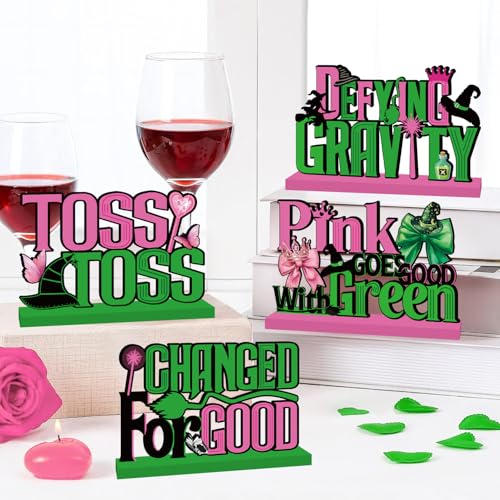 Image of 4pcs Pink and Green Witch Party Decorations Wood Table Centerpieces Witch Theme Birthday Table Decorations Pink and Green Party Tabletop for Boys Girls Birthday