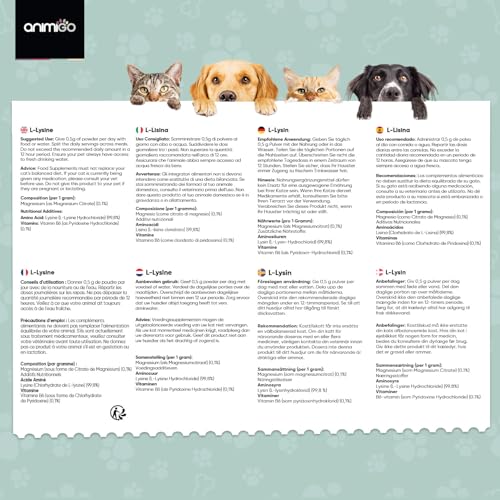 animigo L-Lysin für Katzen - 250g Pulver - Essenzielle Aminosäure L Lysin - Inklusive Messlöffel - Frei von Gluten & Laktose - Für jeden Alters - Ergänzungsfuttermittel für Katzen
