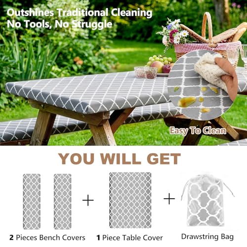 CHRORINE 3 Piece Set Fitted Picnic Table Cover Set with Bench Covers Water-Resistant Polyester Flannel Backing Picnic Table Cloth for 6ft Outdoor Camping Tables Fits 30x72 Inch (Gray Morocco) by CHRORINE - Image 4