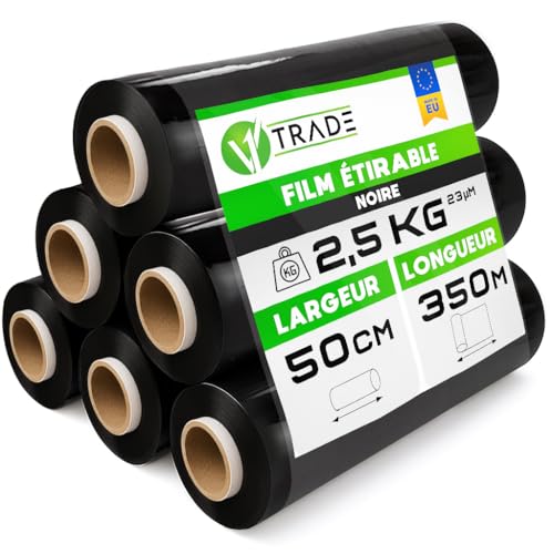 V1 Trade Film Noir Emballage Noir - 6 Rouleaux Film Palette 50cm x 350m - Plastique Protection pour Colis et Meubles