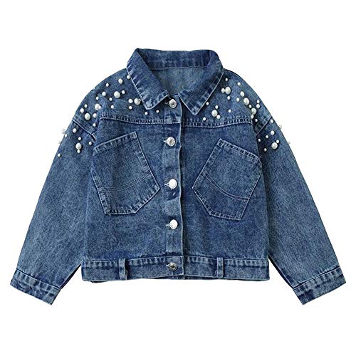 YFPICO Kinder Mädchen Langarm Jeansjacke Denim Casual mit Perle Cowboy Kleidung 3-14 Jahre, Blau, 146 Cover