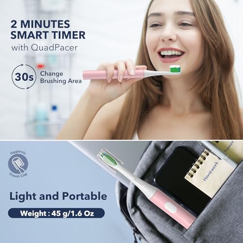 Image of ARISSON Electric Toothbrush for Adults and Teen, Travel Sonic Toothbrush with 4 Duponts Brush Heads, 1.5H Fast Charge for 90 Days, 40,000 VPM Rechargeable Toothbrushes, White on Baby Pink