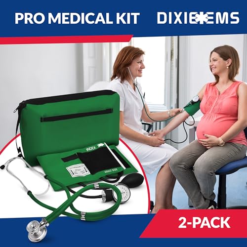 Image of Blood Pressure Monitor and Sprague Stethoscope Kit - 2-Pack, Adult Aneroid Sphygmomanometer with Dual-Head Stethoscope, Adjustable BP Cuff, Carrying Case & Accessories - Green