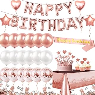 iZoeL Rose Gold Birthday Party Decoration, Happy Birthday Banner, Rose Gold Foil Tablecloth, Birthday Sash, Heart Star Foil Confetti Balloons 11pcs Cake Toppers 10g Table Confetti for Girls Women