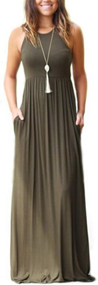 Women's Sleeveless Long Floor Length Vest Maxi Slim Beach Dress, Army Green, Large