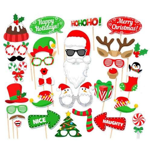 Xlihdzum Christmas Photo Booth Props - Christmas Photo Booth Props Kit 32 Counts Photo Booth Backdrop Signs Funny Selfie Glasses Frames Pose Sign Kits for Party Adults Kids