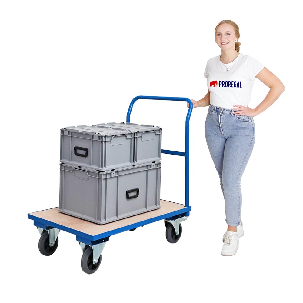 PROREGAL Transportwagen Handwagen Materialwagen | HxBxL 102x60x98cm | Traglast 450kg | Vollgummibereifung, 2x Lenkrollen mit Feststellbremse & 2x Bockrollen | Lichtblau | Plattformwagen Transporthilfe