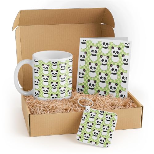 3dRose Cute Panda Bear Gift Set - Includes Mug, Greeting Card, and Keychain - Ideal Gift for Children, Birthdays, and Animal Lovers