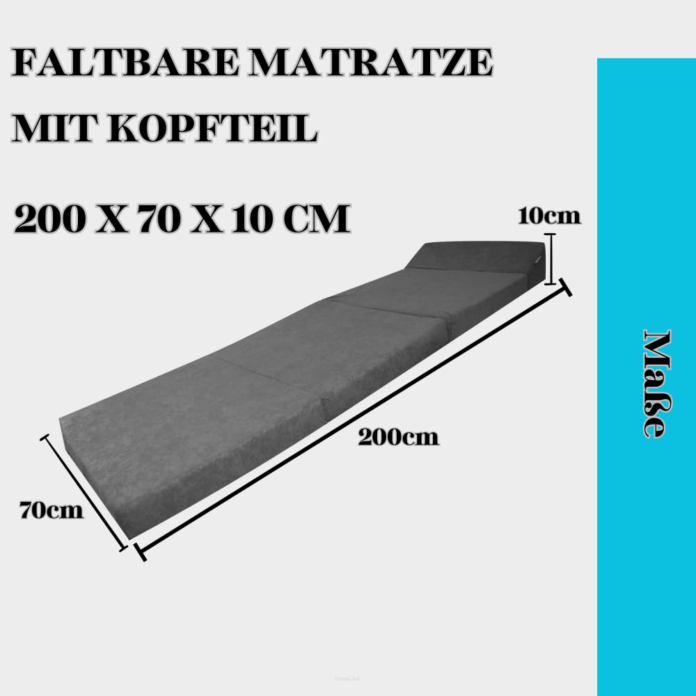 FORTISLINE Matelas pliant, 200 x 70 x 10 cm, en 3 parties, pour invité, camping, avec housse extérieure imperméable, cubique, lit d'invité, matelas de caravane, bleu foncé