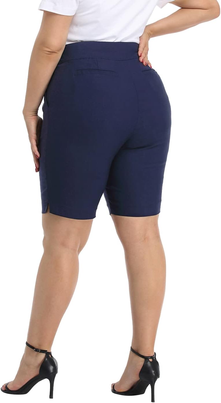 HDE Women's Plus Size Bermuda Shorts Mid Rise 10" Inseam Shorts with Pockets