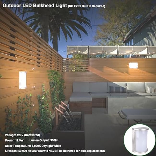 LIT-PaTH Outdoor Wall Lantern, LED Bulkhead for Wall Sconce Light, 12.5W, 950 Lumen, 5000K Daylight White, Aluminum Housing Plus PC