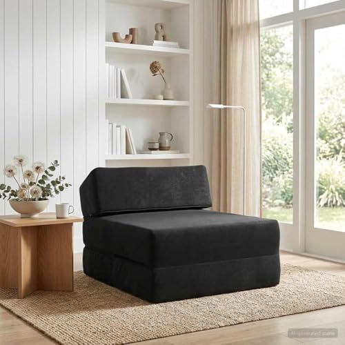 Ordellia Canapé-lit Convertible Noir 60 x 70 x 41 cm en Tissu Polyester, 1 Place, futon clic clac pour Salon ou Chambre, Passe du Divan au Couchage en intérieur