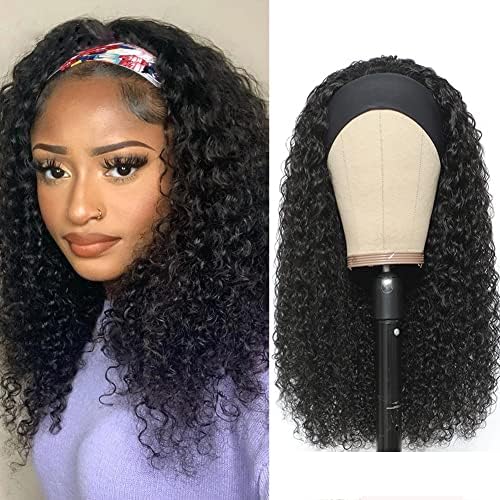 XSY Headband Wigs Human Hair Deep Wave 16 Inch Wig Glueless Headband Wig Deep Wave None Lace Front Wigs Human Hair 150% Density Wig Curly Hair Wear and Go Wigs Natural Color