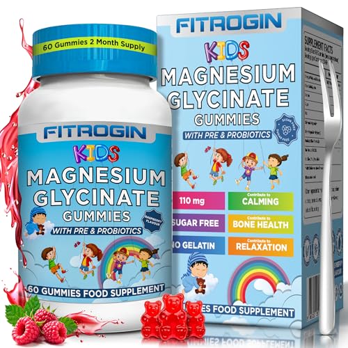 60 Kids Magnesium Glycinate Gummies -Vegan- 2 Month Supply with Pre & Probiotics–Supports Muscle, Nerve, Energy & Health–Child-Friendly Raspberry Flavor, 110mg Elemental Magnesium Gummies Kids