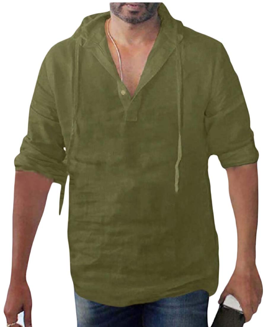 Gocgt Men Linen Hooded Shirts Henley Hippie Short Sleeve Button Up Shirts Tops Green M