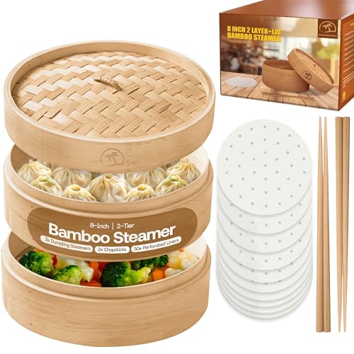 Comparison: Best Steamer Basket For Dumplings 10 2-Tier 08-inch Bamboo Steamer Basket with Lid|3x Pc Dumpling steamer|2x Chopsticks|50x Perforated Liners| Easy to clean bamboo Steamer Baskets for Cooking Rice & Vegetable