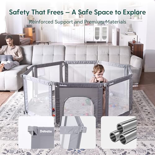 Image of Babelio Foldable Playpen for Babies and Toddlers- Adjustable Shape & Area, Playpen with Zipper Gate, Portable Baby Fence for Indoor & Outdoor, Multi-Functional Baby Play Yard