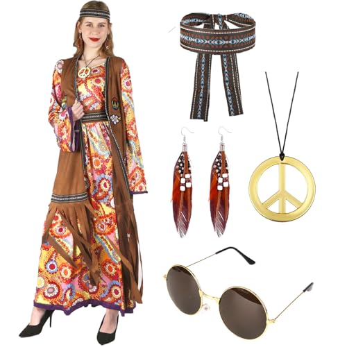 Moiuguli Hippie Kostüm Damen Set, Faschingskostüm Damen Hippie Kleid, 60 er 70er Jahre Bekleidung Damen, Karneval Disco Outfit mit Brille,...