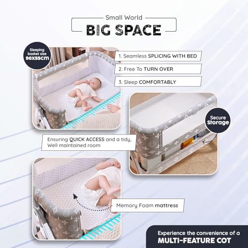 Image of Premium 6-in-1 Baby Bedside Cot, Crib, Cradle Portable All-Mesh Bassinet with Multi-Purpose Tray,Wheels, Storage Basket, and 6 Height Adjustments, Easy Assembly, Newborns-Pattern Grey | Breathable Cloth