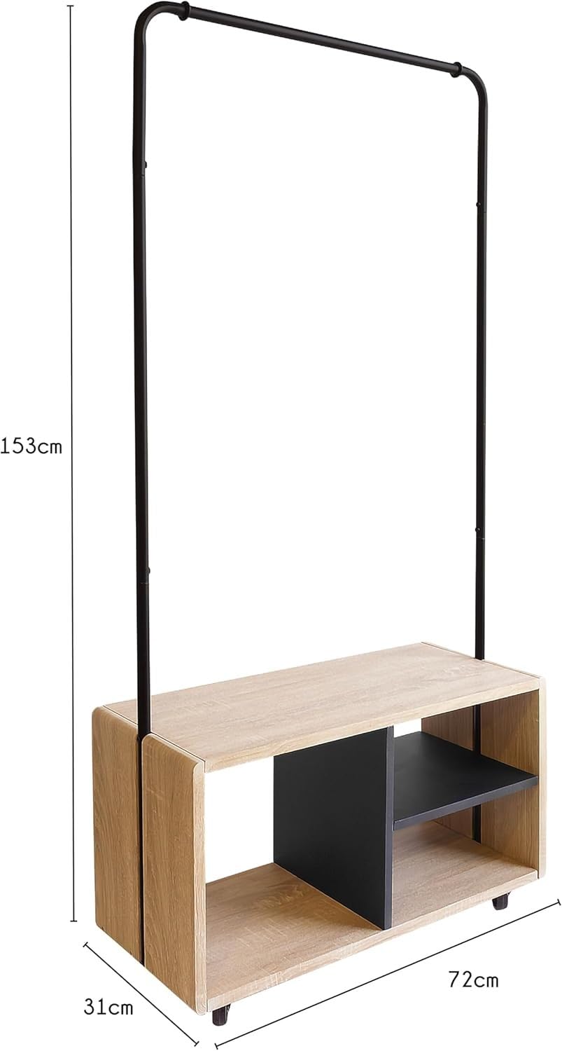 Box and beyond Casey - Perchero para ropa (72 x 31 x 153 cm), madera natural y metal negro, estantes, ruedas, perchero, abrigos, zapatos, entrada, lavadero, estilo moderno