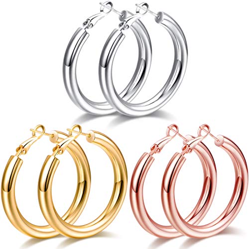 Cocadant 3 Pairs Chunky Gold Hoop Earrings for Women | 14K Real Gold Plated Lightweight Hypoallergenic Rose Gold Silver Hoop Earrings Women Girls(25mm/1inch)