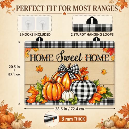 Image of Fall Pumpkin Stove Top Cover for Electric Glass Cooktop 28.5 x 20.5 Inch | Soft printed surface with a 3 mm non-slip rubber base, stitched edges, 2 hanging loops and 2 hooks included