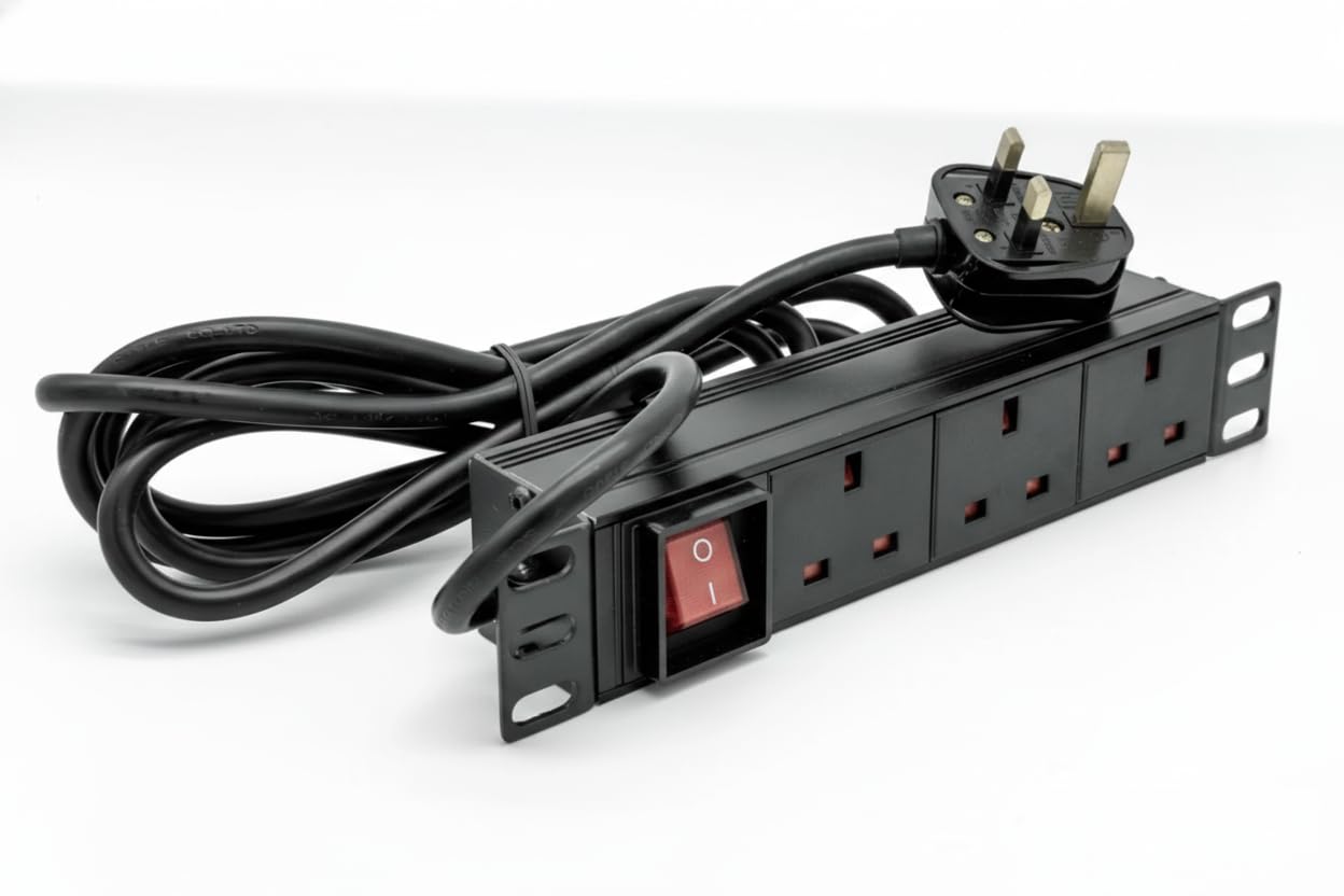 LMS Data 10 Inch 3 Way 1U Power Distribution Unit (PDU), 13A Multi Plug Power Strip, Horizontal Server Rack Mount, 2.5 Metre Cable