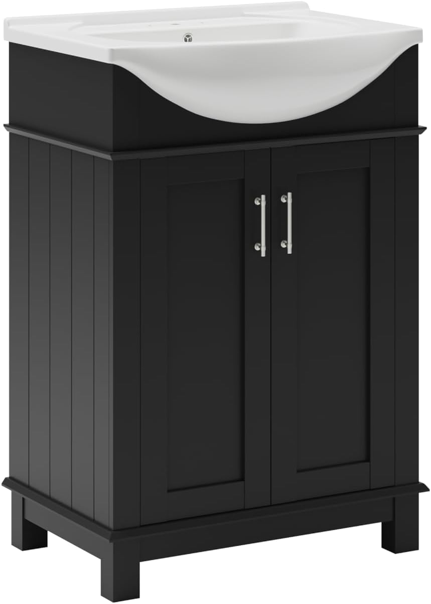 Fresca Hartford 24" Black Traditional Bathroom Vanity with Quartz Countertop & White Ceramic Belly Bowl Sink - With Solid Wood Base Cabinet, Soft Closing Doors - Faucet Not Included