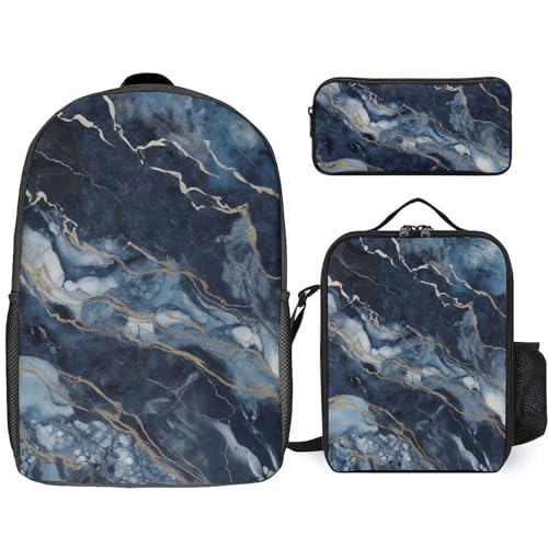 3 Piece Backpack for Women Men Lightweight Causal Daypack Shoulder Bag Set with Insulated Lunch Bag And Pencil Case Organizers Marble Navy Blue Mixed