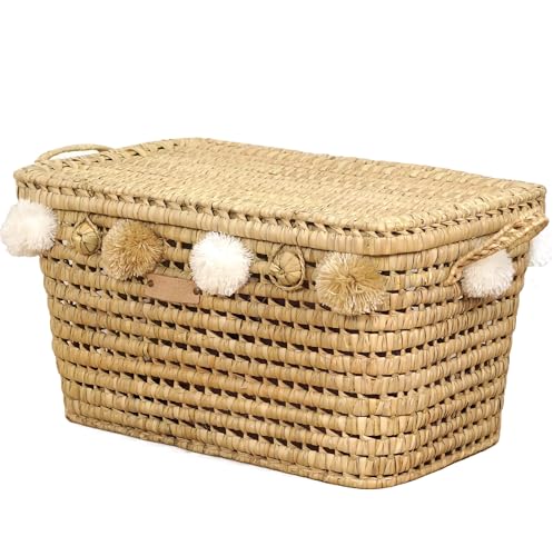 Bohome Living - Coffre à Jouets en Osier Tressé 60cm, Malle de Rangement avec Pompons, Cadeau de Naissance Personnalisé, Fait Main (Pompons)