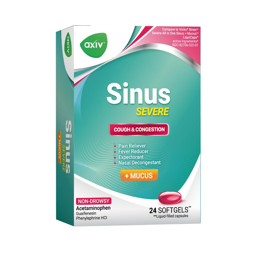 Sinus Severe + Mucus Relief, Non-Drowsy, Loosens Mucus, Maximum Strength Relief of Pain, Pressure, Congestion, & Headache Ease, 24 Softgels.