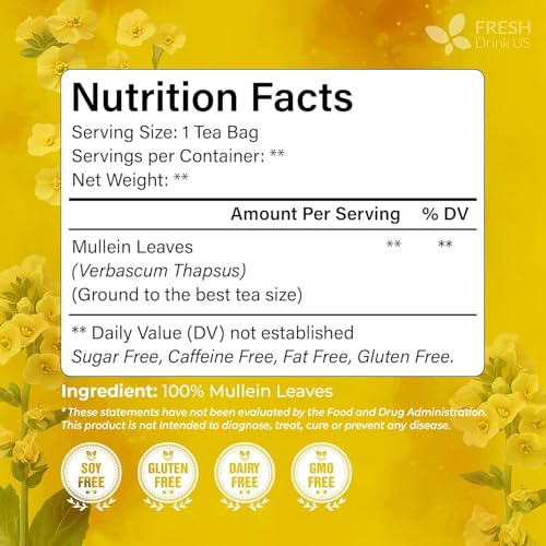 Image of FreshDrinkUS, Premium 120 Mullein Leaf Tea Bags For Lung, 100% Natural & Pure from Mullein Leaves. Loose Leaf Mullein Herbal Tea. Made with Natural Material Tea Bags. No Sugar, No Caffeine, No Gluten, Vegan.