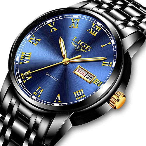 LIGE Men's Watches Business Casual Analog Quartz Wrist Watch Black Stainless Steel Band Fashion Luxury Military Sport Waterproof Chronograph Watch for Men