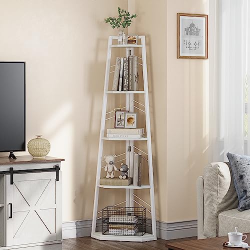 YITAHOME, Scaffale angolare a 5 ripiani, libreria angolare in stile industriale, moderna, autoportante, in legno, per soggiorno, corridoio, casa e ufficio, colore bianco puro