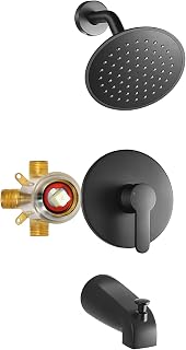 Black Tub Shower Faucet Set with Valve, Black Shower Head and Handle Set with 6 Inch Rain Shower, Tub and Shower Faucet Combo