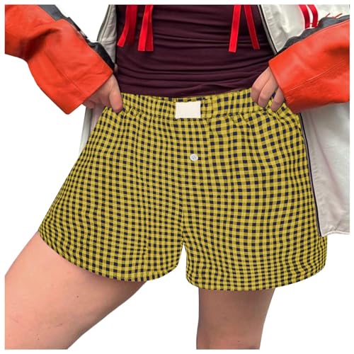 Lainuyoah Shorts femininos cintura alta stretch lounge confortável shorts 2024 estampa listrada xadr