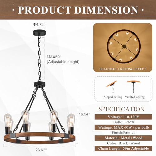 Image of Farmhouse Wooden Wagon Wheel Chandelier 8-Light 23.6 inch Light Fixture