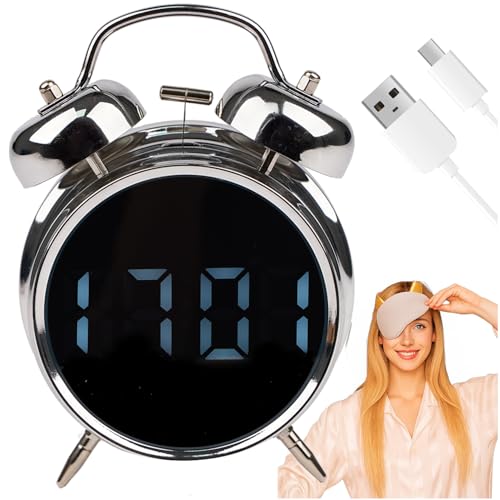 Izoxis Réveil numérique rétro avec cloches en métal - Affichage LED, commande vocale et veilleuse - Puissant et silencieux - Fonctionne avec piles / USB-C - Pour adultes et personnes âgées